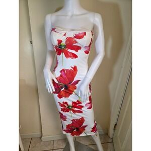 Bella Barnett Red Poppy Floral Strapless Bustier Midi Dress White Small NWT‎